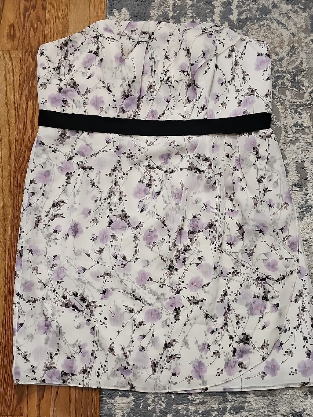 David's Bridal Strapless White Floral Dress with Black Waistband